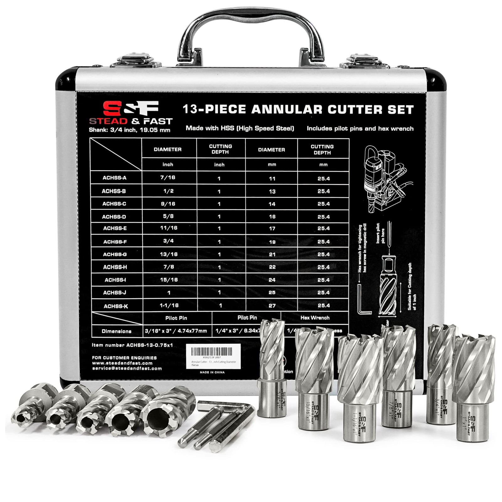 S&F STEAD & FAST 13 Pc Annular Cutter Set M2AL HSS 7/16"-1-1/16" 3/4" Weldon