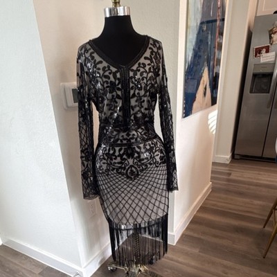 NWT Unique Vintage Flapper Black Sequin Beaded Mesh Dress V-Neck Fringe Size S