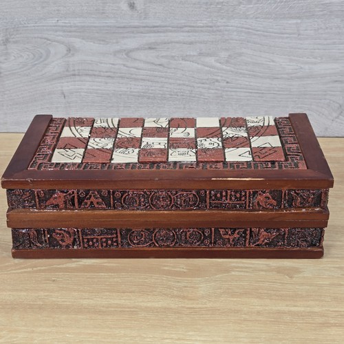 Handcrafted Aztec Mayan Themed Chess Set Resin Wooden Folding Board Brown Red - Picture 5 of 19