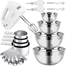 WEPSEN Hand Mixer Electric Mixing Bowls Set, 5 Speeds Handheld Mixer with 4 N...