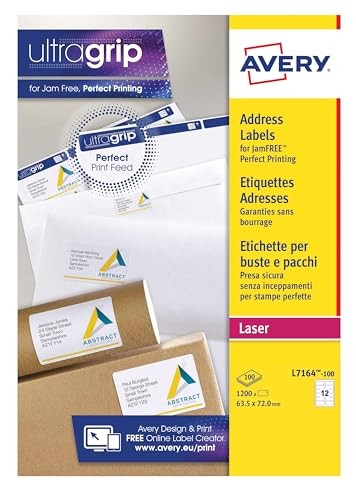 Avery Laser Address Label 63.5X72mm 12 Per A4 Sheet White Pack 1200 Labels L7164 - Photo 2/3