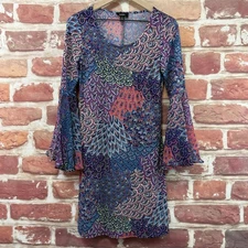 MSK Dress Womens Small Multicolor Boho Floral Stretchy Sheer Bell Split Sleeves