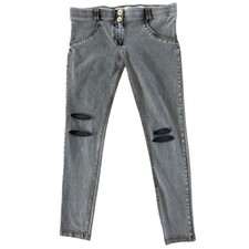 Freddy Wr.up Low Rise Booty Shaping Skinny Jeans 6 Gray Yellow Stitch Distressed