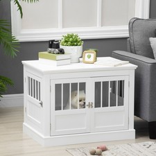 Triple Door Dog Crate End Table Wooden Steel Tubes White Indoor