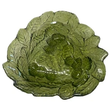 Vintage Carnival Glass Green Dish Bowl Grape & Leaf Pattern