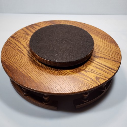 Vintage 12” Wooden Oak Lazy Susan Turntable Kitchen Organizer with Rails - Picture 5 of 9