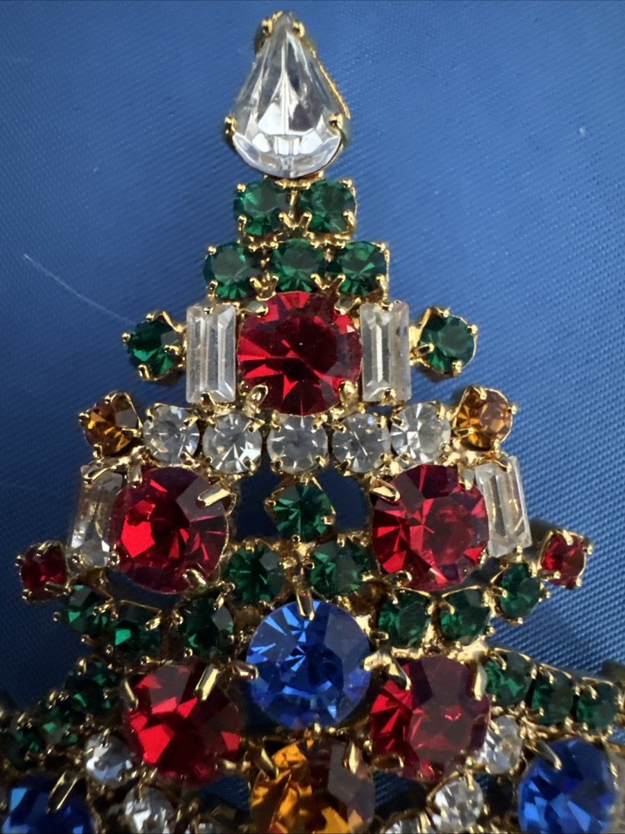 Vintage OTC Rhinestone Christmas Tree Brooch Six Candle Multicolor View 6