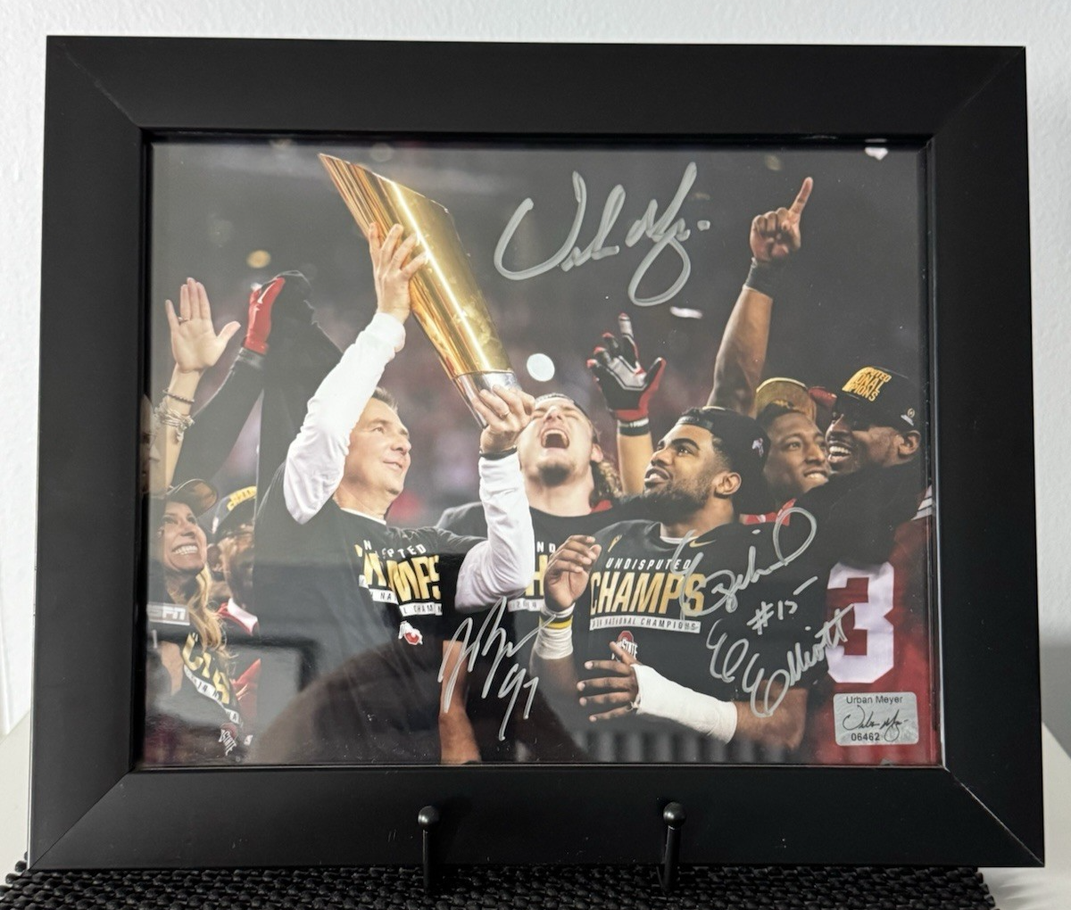 Ezekiel Elliot Autographed Signed Ohio State Buckeyes Ohio State Football - 2014 Champions - photo - Meyer/Elliot/Bosa COA 