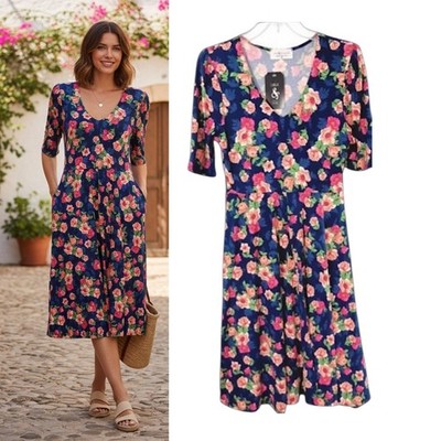 Lalo & Company Floral Midi Dress Wmns M Blue Stretch Knit V-Neck Pockets Casual