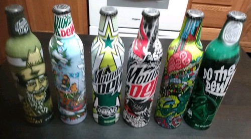 6 Mountain Dew Green Label Art aluminum bottles New and Unopened 2008 RARE - Picture 1 of 21