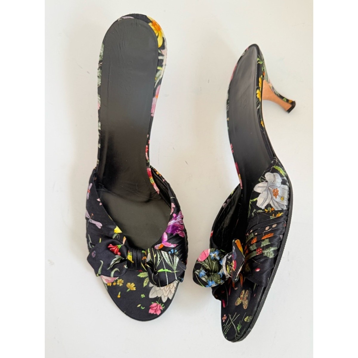 Gucci Flora Satin Bow Mule Heels Black Floral Sandals US 9.5
