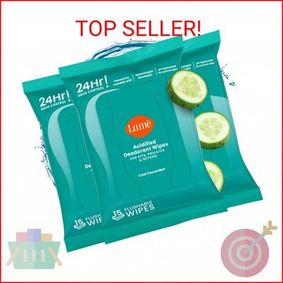 Lume Acidified Deodorant Wipes, 15 Count (Pack of 3) (Cool Cucumber)