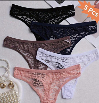 Women s M Lace Floral Thong Panties 5 Pack Semi-Transparent Multicolor