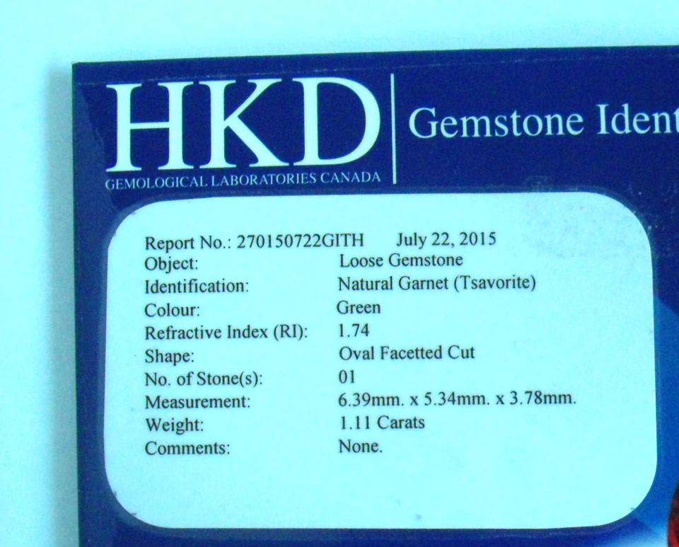 1,11 ct  Très beau Grenat Tsavorite Certifié HKD - AAA - Photo 3/3