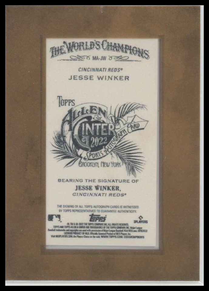 #MA-JW Jesse Winker 2022 Topps Allen & Ginter Framed Mini Autographs - Image 2 of 2