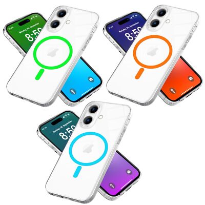 Klare MagPower Hülle für iPhone 16, Night Glow Neon Magnet Ring Acryl Handyhülle