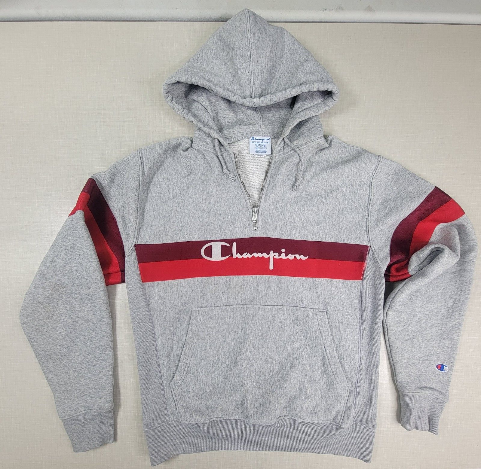 Vintage 90s Champion Reverse Weave Gray w Red Stripe Hoodie 1/4 Zip Size Med