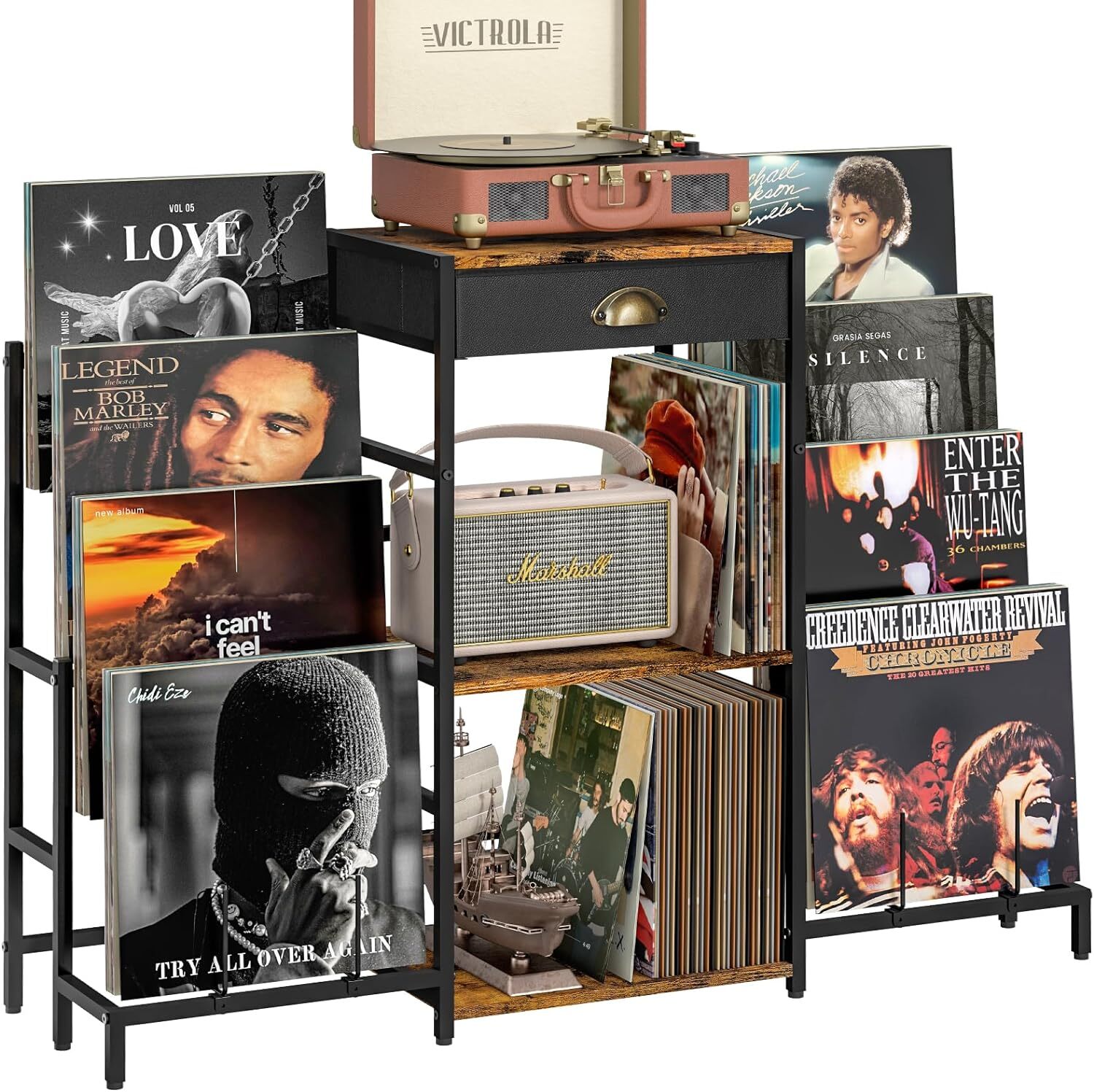 Compact 16x12 Record Player Stand with Vinyl Storage – Tabletop Size-image