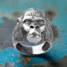 Sterling Silver Mens 3D Ape Face Monkey Ring