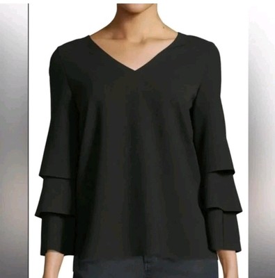 LaFayette 148 New York Black Velez Ruffle Sleeve Blouse Top Shirt Women's Sz S