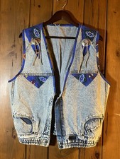 VTG Handmade 90s Acid Wash Denim Vest Southwest Aztec Print Concho Western 80s