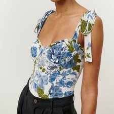 Reformation Blanca Top Lucca Blue Floral Corset Tie Strap 2