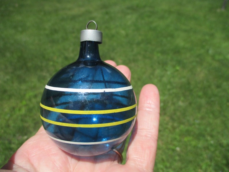 Vintage Mercury Christmas Ornament Vibrant Cobalt Blue Ball Unsilvered Stripes