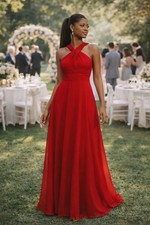 Red chiffon twisted neck corset back long Evening Gown dress wedding guest sz 10