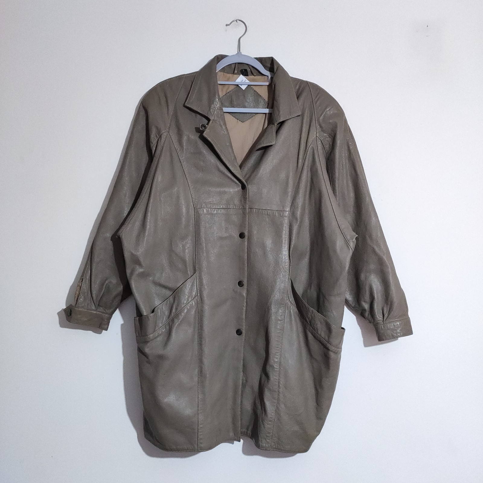 Womens 80s Italian Leather Oversized Trench Jacket Grey Taupe Batwing Style L