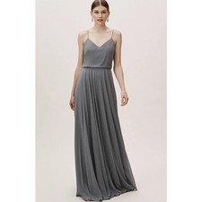 Jenny Yoo Inesse Bridesmaid Dress V Neck Chiffon Maxi Formal Gown Gray, Size 14