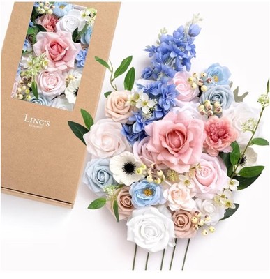 Ling's moment Fake Flowers Box, Faux Artificial Greenery Stems Foam Roses Poppy