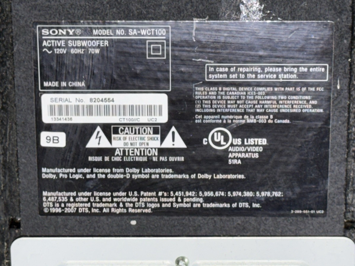 Sony Subwoofer SA-WCT100 with Sound Bar SS-MCT100 - No Remote