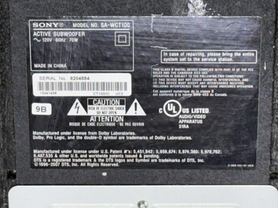 Sony Subwoofer SA-WCT100 with Sound Bar SS-MCT100 - No Remote