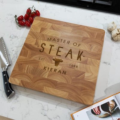 Personalisiertes Meister des Steak Schneidebrett Gravur Holz Metzger Block BBQ