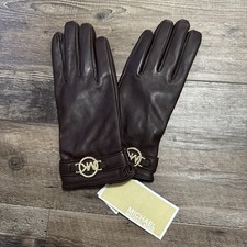 NWT Michael Kors Brown Leather Gloves Silver MK Logo Tech Touch Screen Sz Small