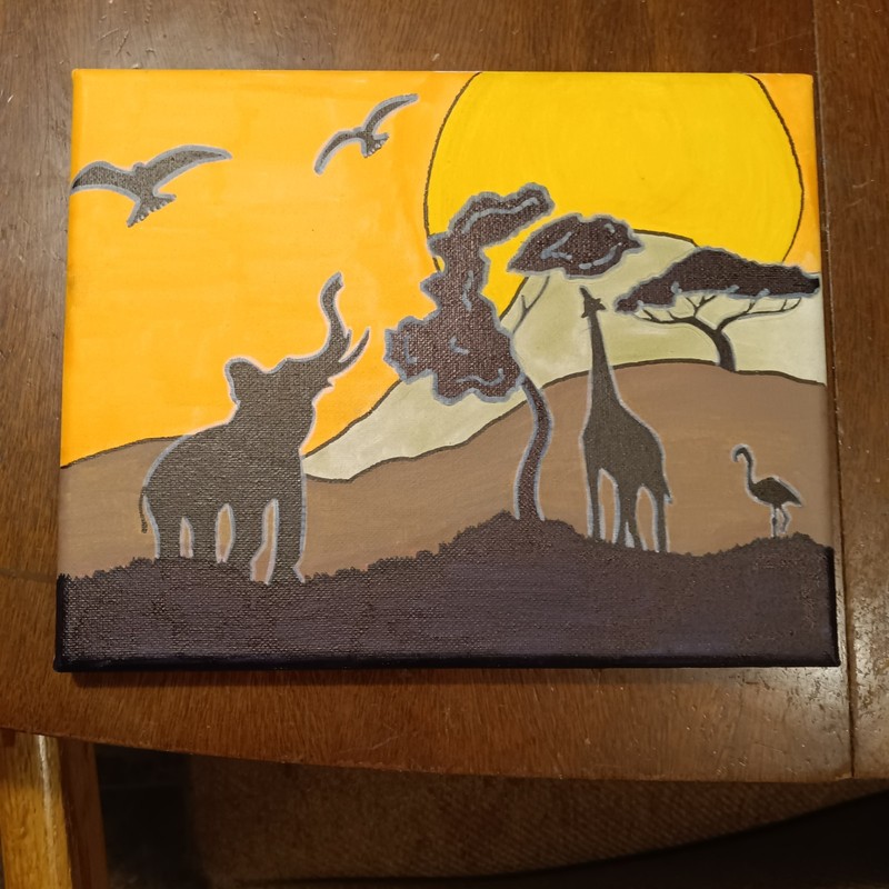 African Serengeti Sunset - Elephant, Giraffe, Flamingo - 8x10 Painting
