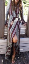 R VIVIMOS WOMEN'S WRAP TIE DRESS V NECK LONG SLEEVE RUFFLE HEM FLORAL SIZE SMALL