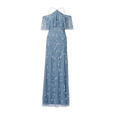 New Aidan Mattox Blue Embellished Off-the-Shoulder Halter Gown 26753