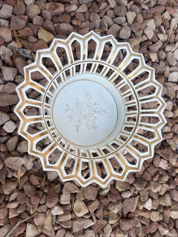 Antique Reticulated Porcelain Centerpiece Bowl w/ Gilt Trim, 4 Paw Feet, c. 1900