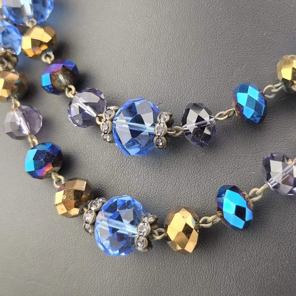 Collar Corona Trifari Azul Púrpura Oro Cristal Latón Deslustrado Cadena 18" Foto 4 de 4