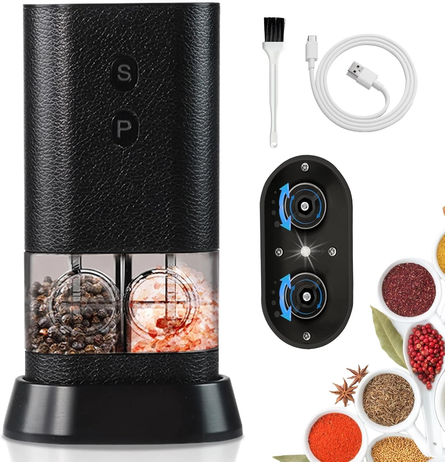 Dual Chamber Electric Salt Pepper Grinder Rechargeable Auto Spice Mill