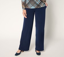 Susan Graver Petite Liquid Knit Wide-Leg Pants w/ Button Detail Navy M New