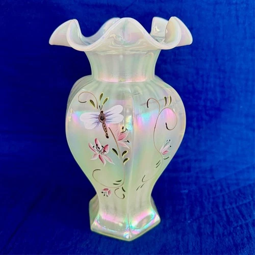 FENTON Lily Trail TOPAZ IRIDESCENT Art Glass VASE 9" Signed T.Kelley  GLOWS