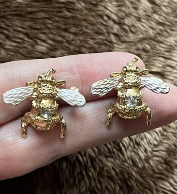 VTG Vogue Bumble Bee Earrings Gold Rhinestone Silver Wings Stud Signed