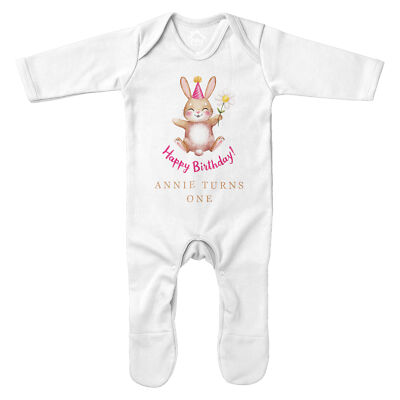 Personalised Happy Birthday Rabbit Romper Suit Girl 1st First Baby Party Cele...