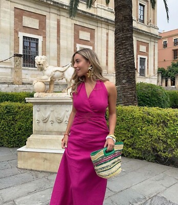 ZARA 2023 HALTER LINEN BLEND HALTER NECK MIDI DRESS MAGENTA SIZE XS :  3602/368 | eBay