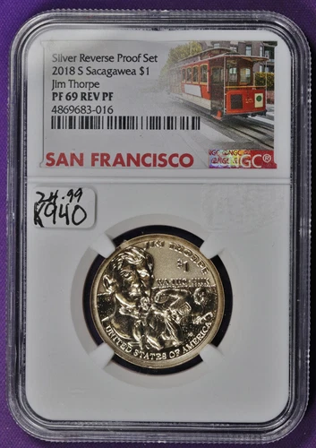 2018-S Sacagawea Dollar.  Jim Thorpe.  In NGC Holder.  PF 69 REV PF.  K940