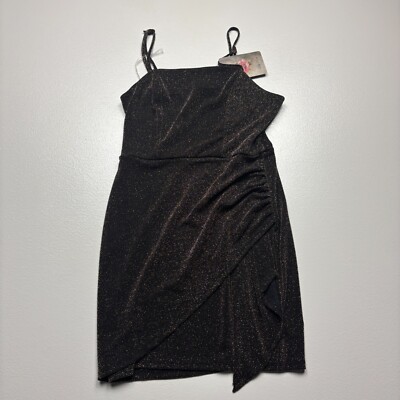 Lily Rose Asymmetrical Dress Womens Medium Black Glitter Ruched Spaghetti Straps