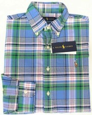 Polo Ralph Lauren Long Sleeve Shirt Blue Green Plaid Classic Oxford Cotton 98