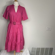 New Who What Wear Women Barbie Pink Belted Short Sleeve Tiered Dress Size Medium